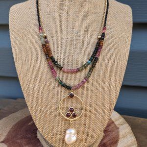 Tourmaline Garnet Gold Filled Vermeil Two strand Necklace FREE SHIPPING